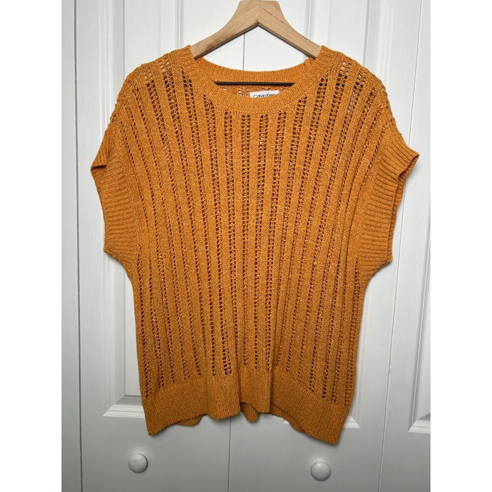 Calvin Klein Open Stitch Pointelle Short Sleeve Knit Sweater Top Orange Large